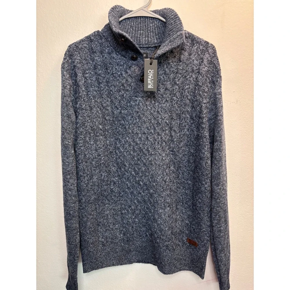 Buffalo David Bitton Mens Cable Knit Mock Neck Pullover Sweater Blue NWT medium - Picture 1 of 1